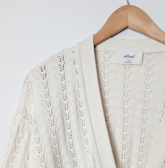 WILFRED Pointelle Plunge Front Cardigan Wool Crochet Oak White XS Aritzia - Picture 8 of 11